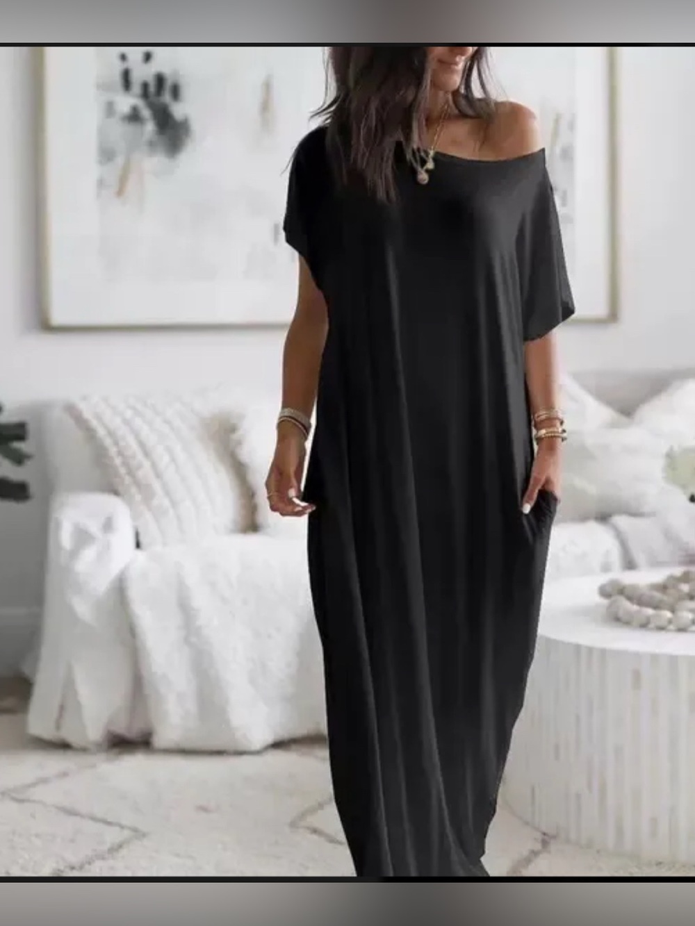 Women’s One-Shoulder Bat Wing Black Maxi Dress with Side Pockets